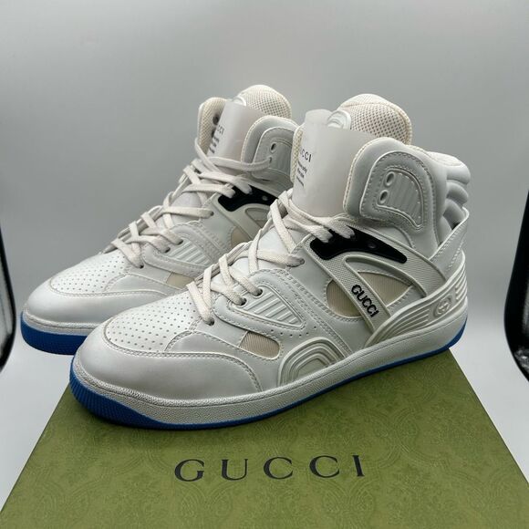 NEW GUCCI MEN CURRENT VEGAN LEATHER HIGH TOP LOGO BASKET SNEAKER SHOES US 10.5 - Picture 2 of 12